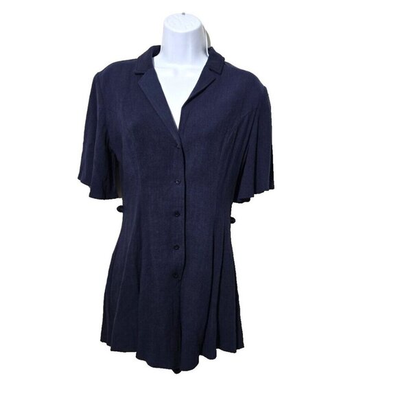 Emory Park Romper S Navy Blue Buttons Linen Blend breathable Classic Retro Woven - Picture 1 of 14